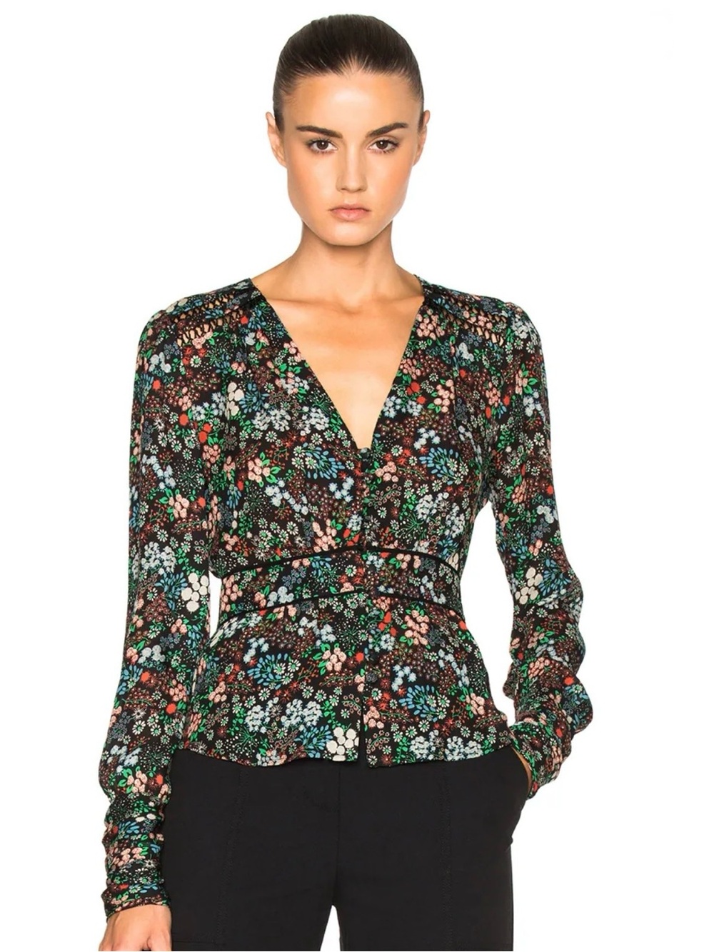 Veronica Beard Ripley Silk Blouse Dark Floral V Neck Crochet Inset Small $450